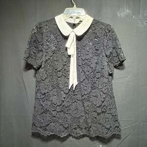 Corporate Chic CeCe Black Lace Short Sleeve Top White Peter Pan Collar Tie Neck